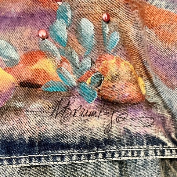 Vintage 80s Acid Wash Denim Painted Art Duster Artist Signed M Brumley - Picture 7 of 8